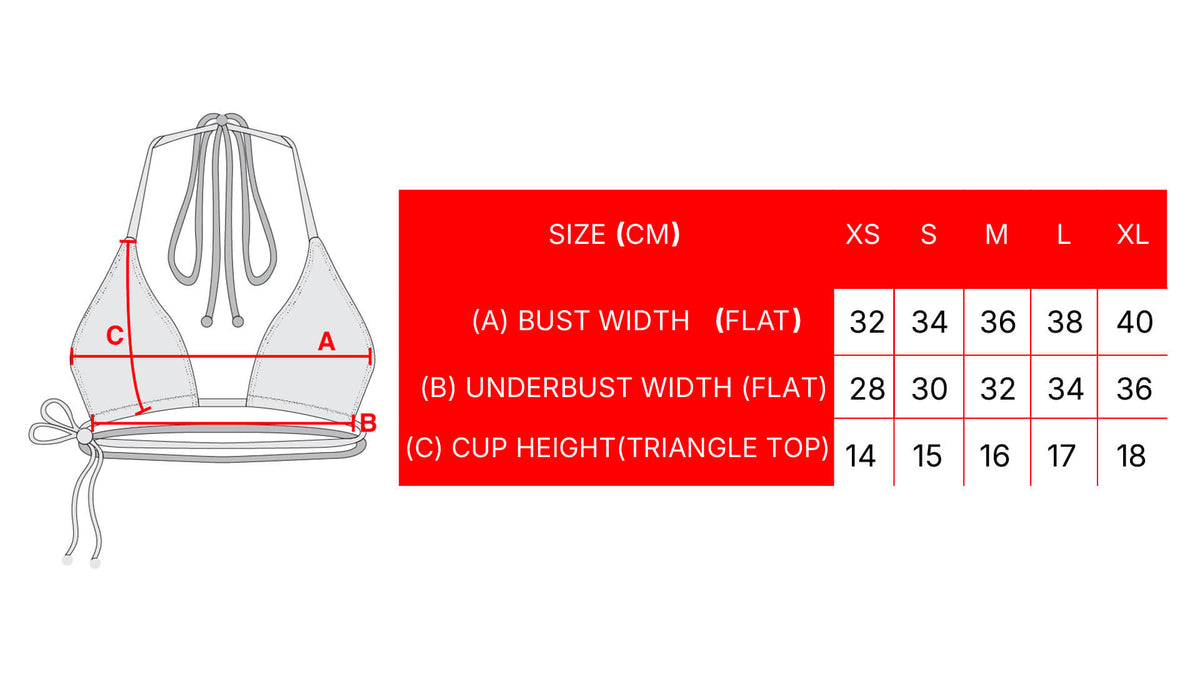 BB BIKINI Top (100% recycled ocean plastic) size chart