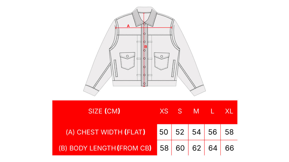 CAFÉ SELVEDGE DENIM JACKET size chart