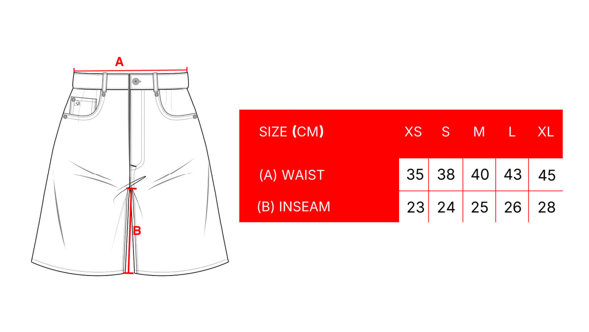 BAGGY SELVEDGE DENIM JORTS size chart