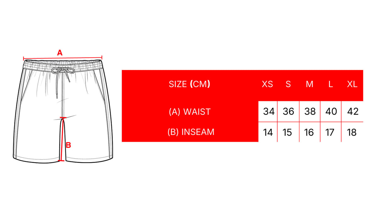 MONOGRAM SWIMSHORTS (100% recycled ocean plastic) size chart
